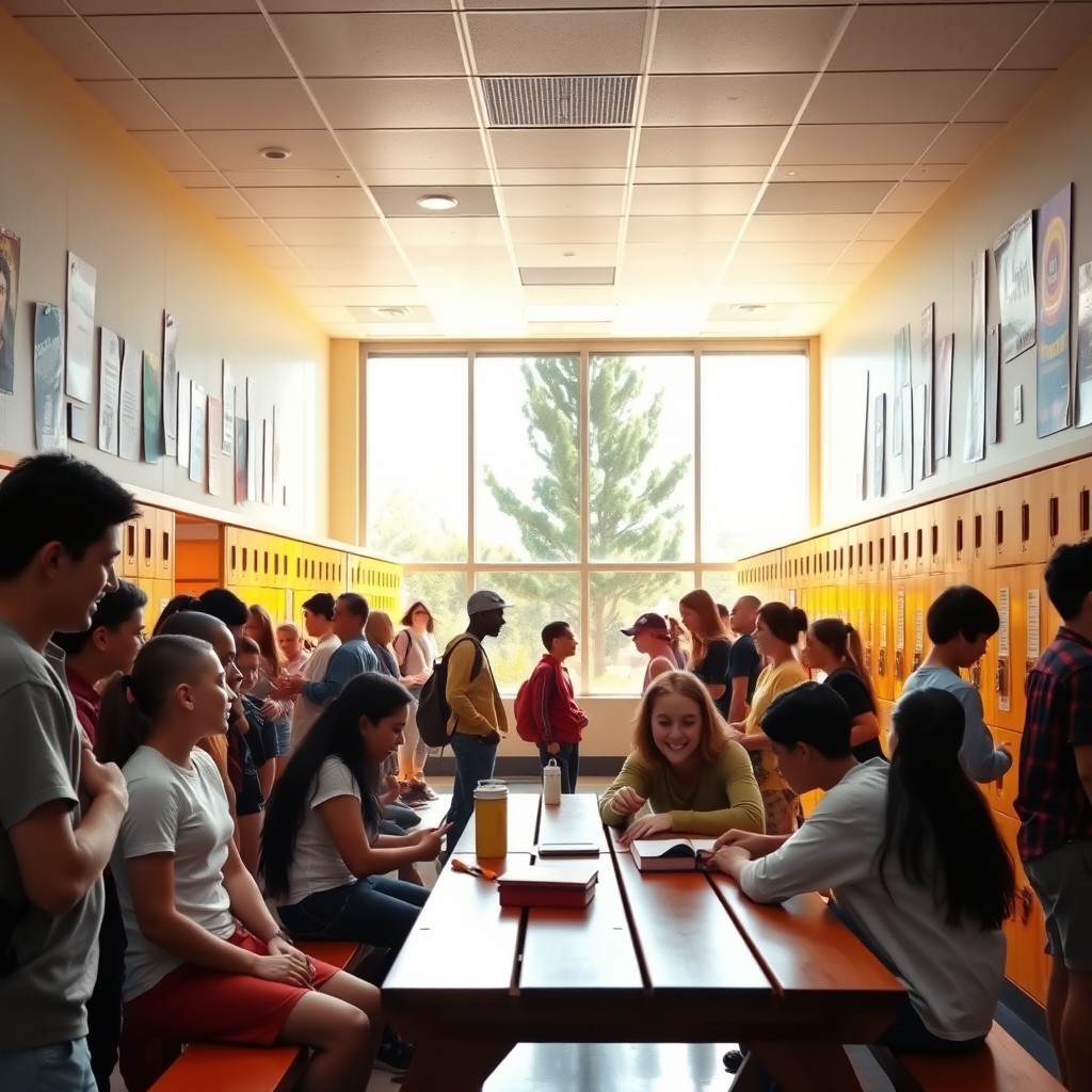 A vibrant school environment bustling with activity