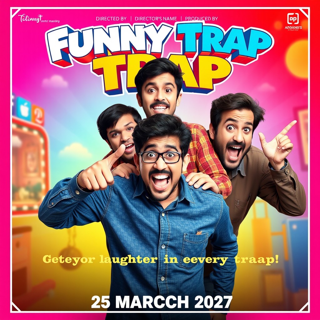A vibrant and eye-catching comedy movie poster featuring three humorous characters: one person prominently in the front, striking a funny pose, and two hilarious individuals positioned behind them, making exaggerated silly expressions