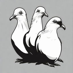 A three-headed pigeon formatted in a simplistic, high contrast, vector style line art, depicted in black and white.