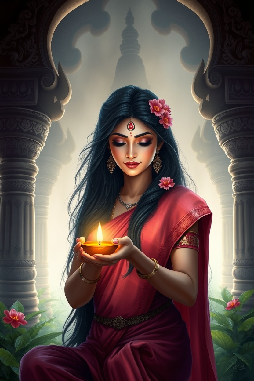 A stunning digital painting depicting an Indian woman in traditional attire, gracefully worshipping the deity Shiva in a serene setting
