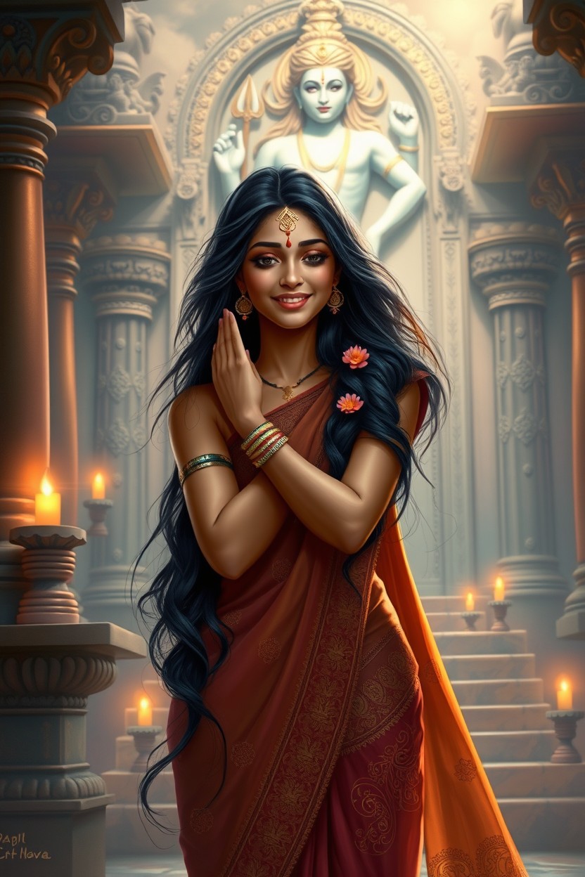 A beautiful digital painting of an Indian woman in traditional attire, gracefully worshiping the Hindu god Shiva