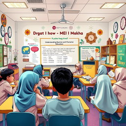 A detailed classroom setting for a deep learning lesson plan on Islamic Education and Character Education, focusing on understanding, application, and reflection