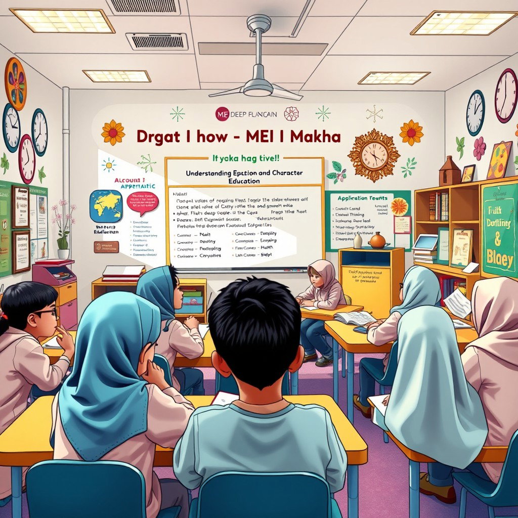 A detailed classroom setting for a deep learning lesson plan on Islamic Education and Character Education, focusing on understanding, application, and reflection