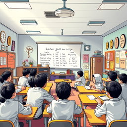 A detailed classroom setting for a deep learning lesson plan on Islamic Education and Character Education, focusing on understanding, application, and reflection
