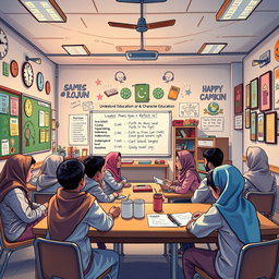 A detailed classroom setting for a deep learning lesson plan on Islamic Education and Character Education, focusing on understanding, application, and reflection