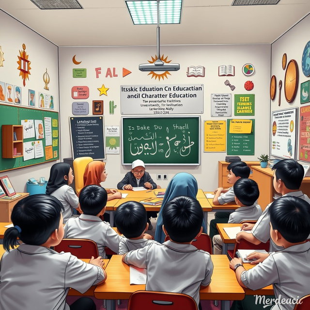 A detailed classroom setting for a deep learning lesson plan on Islamic Education and Character Education, focusing on understanding, application, and reflection