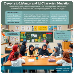 A classroom scene depicting a lesson plan for deep learning in Islamic Education and Character Education targeted at 11th-grade high school students