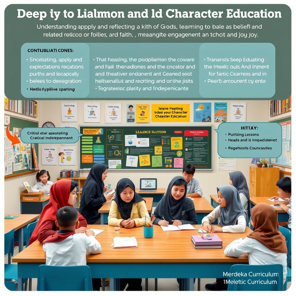 A classroom scene depicting a lesson plan for deep learning in Islamic Education and Character Education targeted at 11th-grade high school students