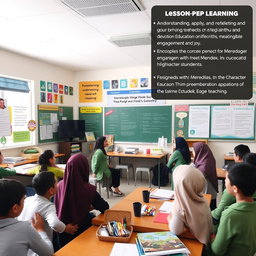 A classroom scene depicting a lesson plan for deep learning in Islamic Education and Character Education targeted at 11th-grade high school students