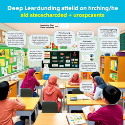 A classroom scene depicting a lesson plan for deep learning in Islamic Education and Character Education targeted at 11th-grade high school students