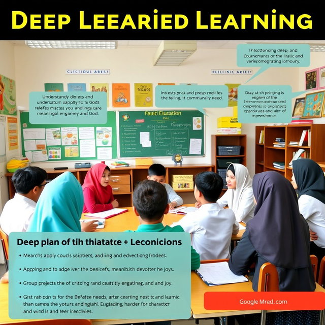 A classroom scene depicting a lesson plan for deep learning in Islamic Education and Character Education targeted at 11th-grade high school students