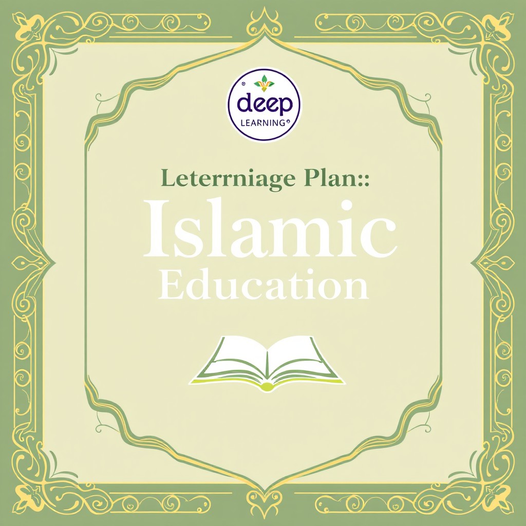 A professional cover design for a learning plan of 11th grade high school, focusing on Islamic Education, that incorporates the deep learning curriculum logo prominently