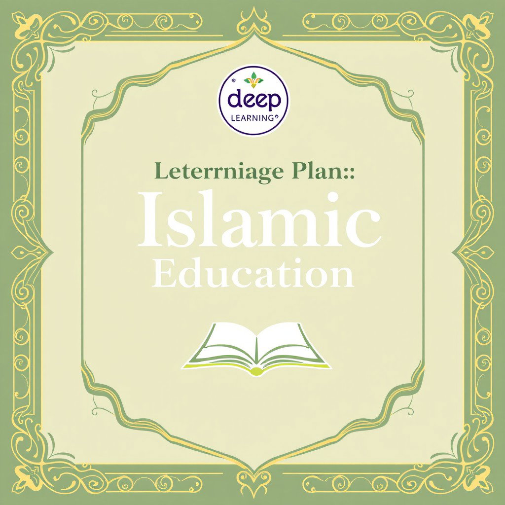 A professional cover design for a learning plan of 11th grade high school, focusing on Islamic Education, that incorporates the deep learning curriculum logo prominently