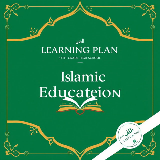 A professional cover design for a learning plan of 11th grade high school, focusing on Islamic Education, that incorporates the deep learning curriculum logo prominently
