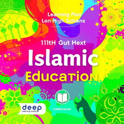 A vibrant and colorful cover for a learning plan for 11th grade high school, focused on Islamic Education, that prominently features the logo of the deep learning curriculum