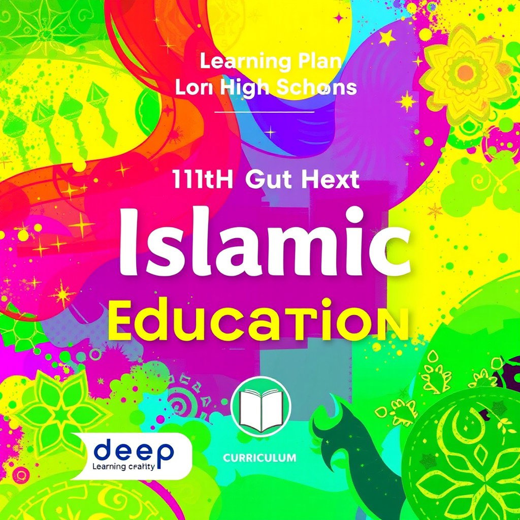 A vibrant and colorful cover for a learning plan for 11th grade high school, focused on Islamic Education, that prominently features the logo of the deep learning curriculum