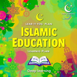 A vibrant and colorful cover for a learning plan for 11th grade high school, focused on Islamic Education, that prominently features the logo of the deep learning curriculum