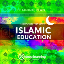 A vibrant and colorful cover for a learning plan for 11th grade high school, focused on Islamic Education, that prominently features the logo of the deep learning curriculum