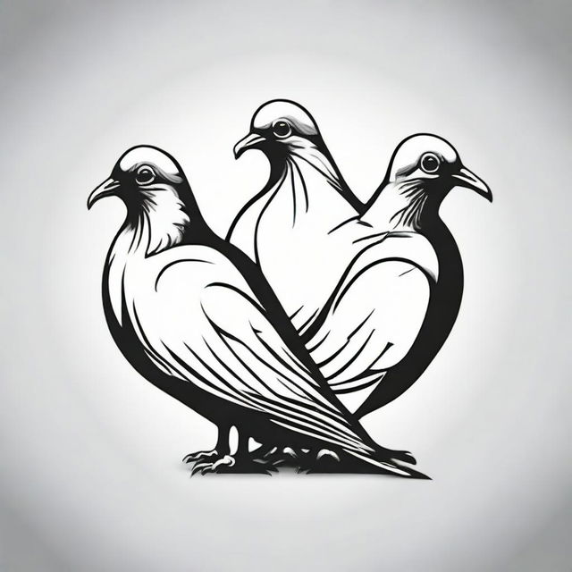 A three-headed pigeon formatted in a simplistic, high contrast, vector style line art, depicted in black and white.