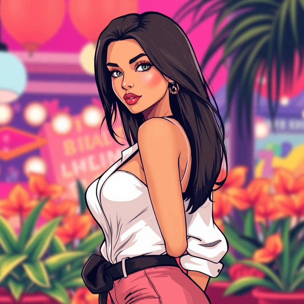 A stylish illustration of a confident and attractive woman, featuring a fashionable outfit that accentuates her figure