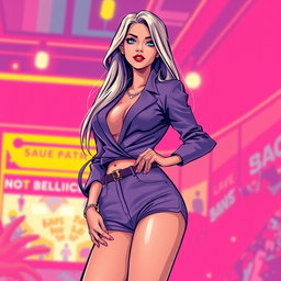 A stylish illustration of a confident and attractive woman, featuring a fashionable outfit that accentuates her figure