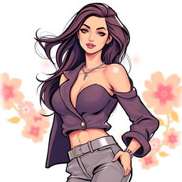 A stylish illustration of a confident and attractive woman, featuring a fashionable outfit that accentuates her figure