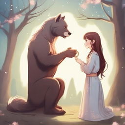 A fantasy scene where a gentle beast, standing on one knee, is proposing to a girl. His soft eyes are full of love while he holds out a magical, glowing ring. The girl looks surprised but warmed.