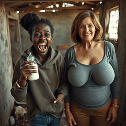 In a rundown, abandoned shack, a 19-year-old Black African woman, looking malnourished and frantic, holds a baby bottle filled with milk