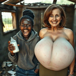 In a rundown, abandoned shack, a 19-year-old Black African woman, looking malnourished and frantic, holds a baby bottle filled with milk