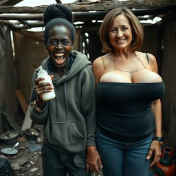 In a rundown, abandoned shack, a 19-year-old Black African woman, appearing malnourished and frantic, clutches a baby bottle filled with milk