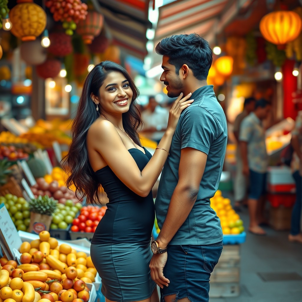 A stunning Indian woman in a short fitted dress, exuding confidence and charm, stands close to a fruit seller in a vibrant outdoor market