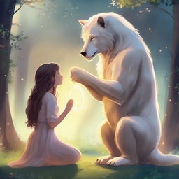 A fantasy scene where a gentle beast, standing on one knee, is proposing to a girl. His soft eyes are full of love while he holds out a magical, glowing ring. The girl looks surprised but warmed.