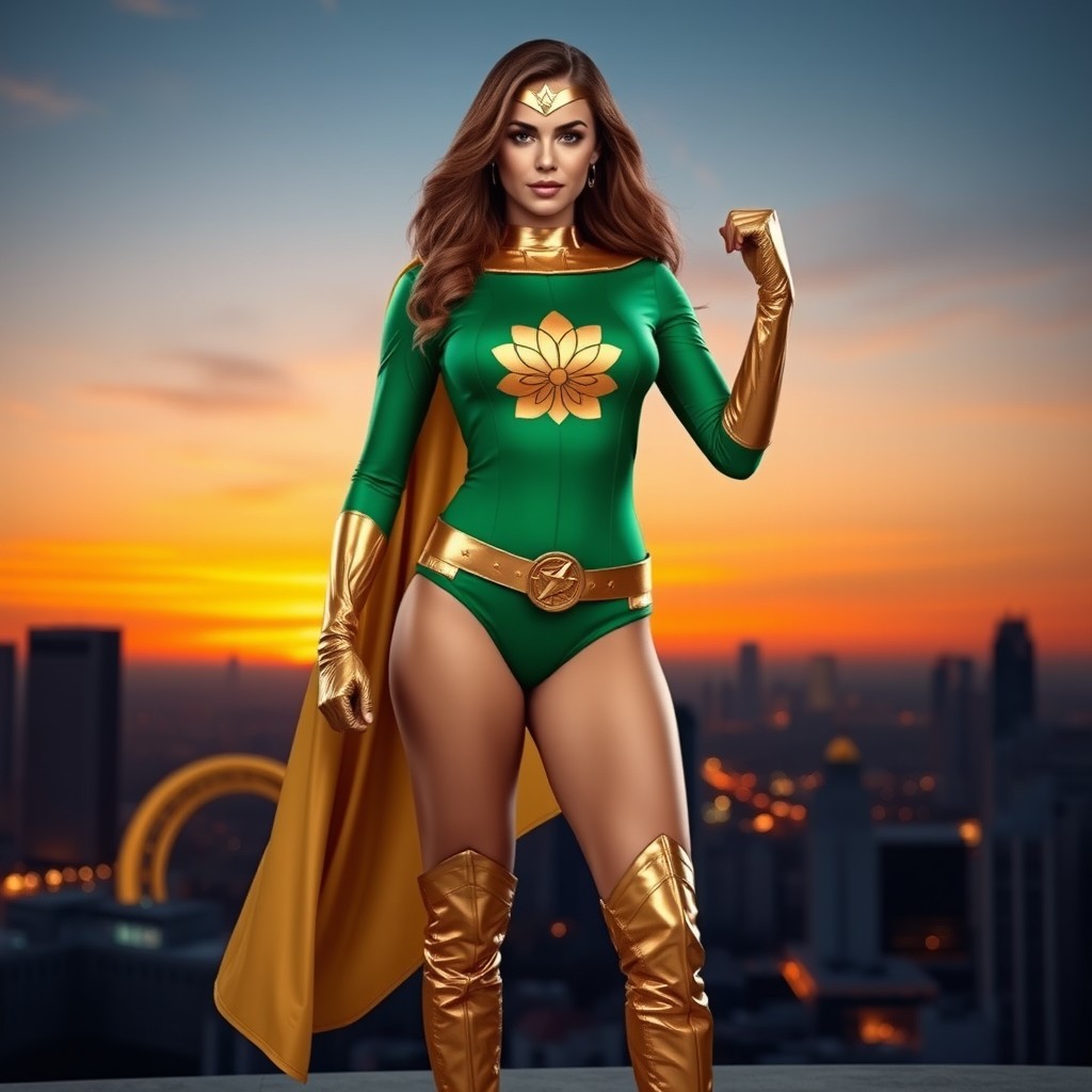 A superheroine in a striking green leotard, elegantly accentuated with a flowing gold belt and sash