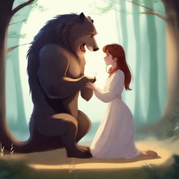 A fantasy scene where a gentle beast, standing on one knee, is proposing to a girl. His soft eyes are full of love while he holds out a magical, glowing ring. The girl looks surprised but warmed.