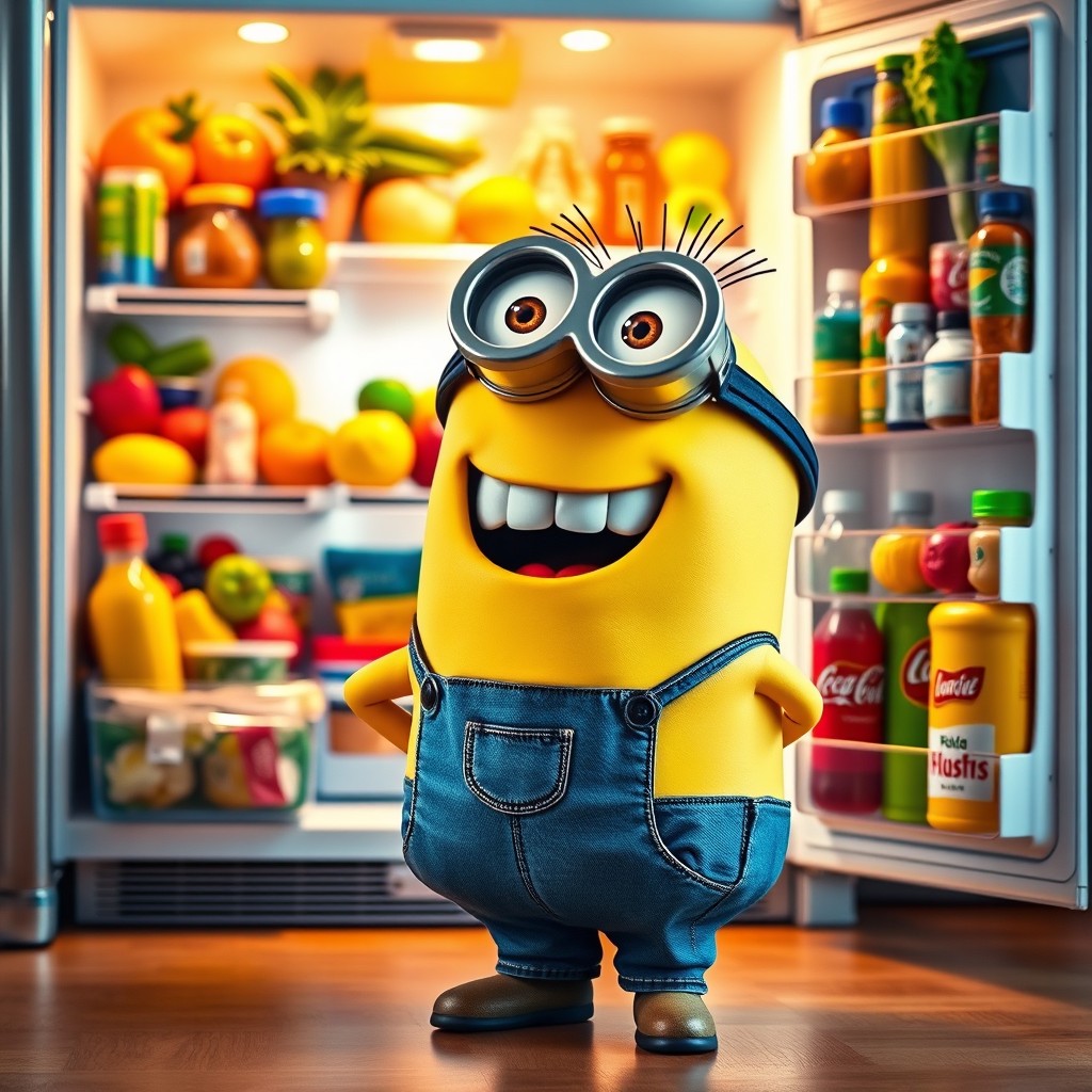 A cheerful minion standing in front of an open refrigerator filled with a variety of colorful groceries and food items