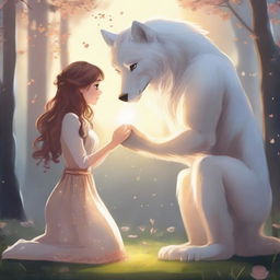 A fantasy scene where a gentle beast, standing on one knee, is proposing to a girl. His soft eyes are full of love while he holds out a magical, glowing ring. The girl looks surprised but warmed.