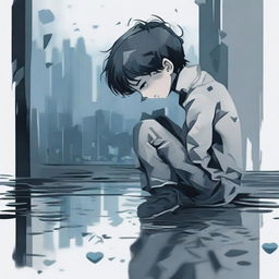 A depiction of a heartbroken boy, his reflection revealing a shattered heart within him. His surroundings are dominated by blues and greys, portraying a gloomy atmosphere.