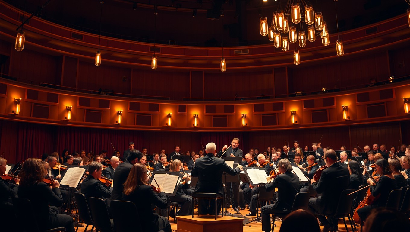 An orchestra performing classical music in a grand theatre setting