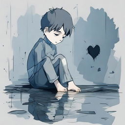 A depiction of a heartbroken boy, his reflection revealing a shattered heart within him. His surroundings are dominated by blues and greys, portraying a gloomy atmosphere.