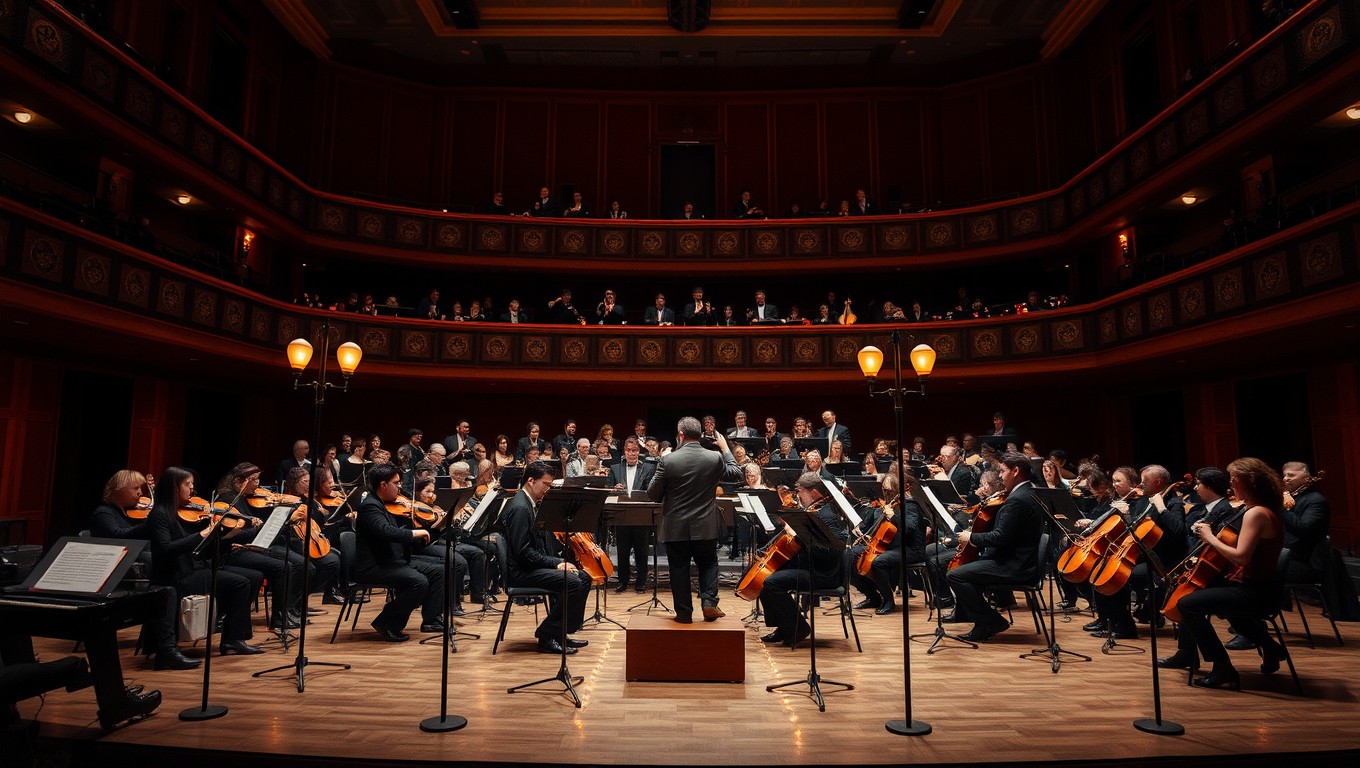 A wide view of an orchestra performing classical music in a grand theatre