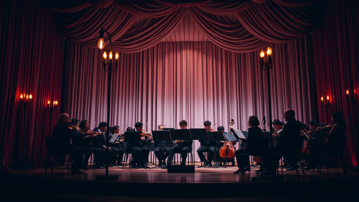 A dreamy, classy scene of an orchestra performing classical music in a draped theatre