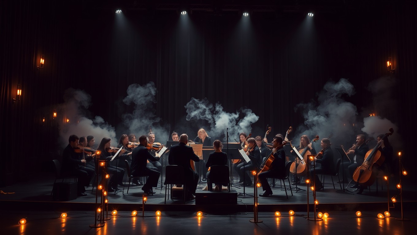 An enchanting scene of a classical orchestra performing in a black draped theatre