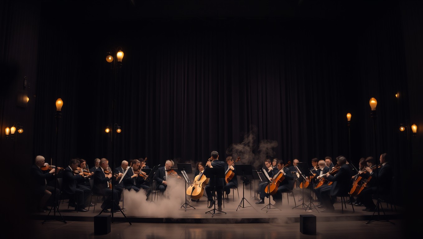 An enchanting scene of a classical orchestra performing in a black draped theatre