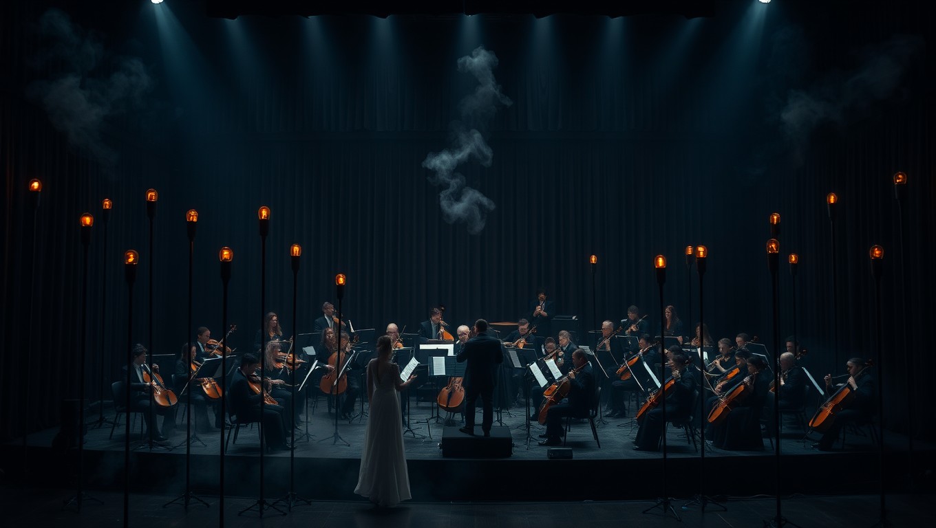 An enchanting scene of a classical orchestra performing in a black draped theatre