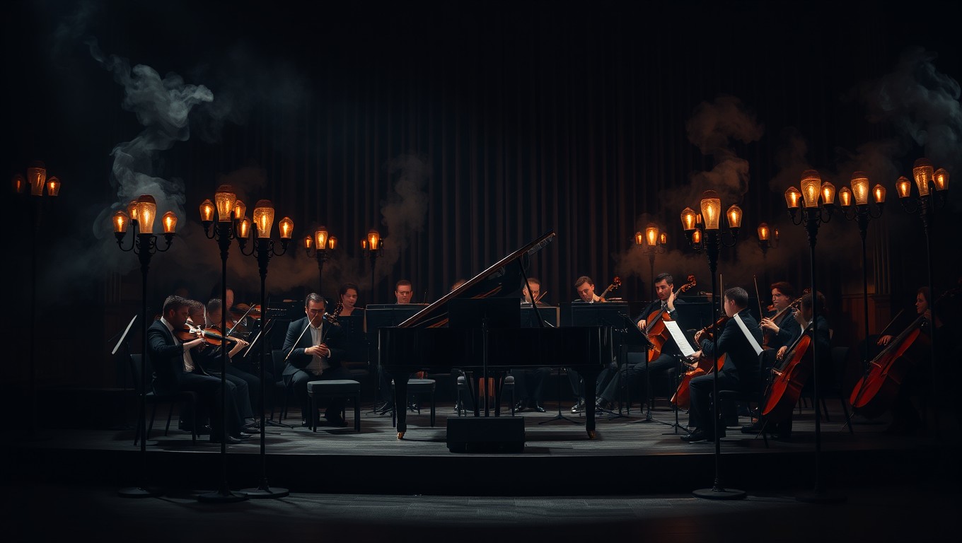 A captivating scene of a classical orchestra featuring a grand black piano in a black draped theatre
