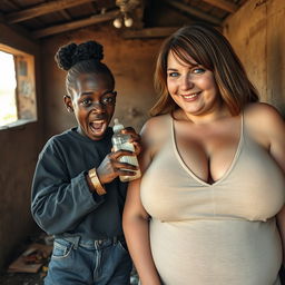Inside an abandoned, rundown shack, a 19-year-old malnourished African woman with deeply black skin is depicted holding a baby bottle, her eyes wide with intensity