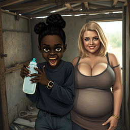 Inside an abandoned, rundown shack, a 19-year-old malnourished African woman with deeply black skin is illustrated holding a baby bottle, her eyes wide and intense
