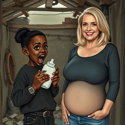Inside an abandoned, rundown shack, a 19-year-old malnourished African woman with deeply black skin is illustrated holding a baby bottle, her eyes wide and intense