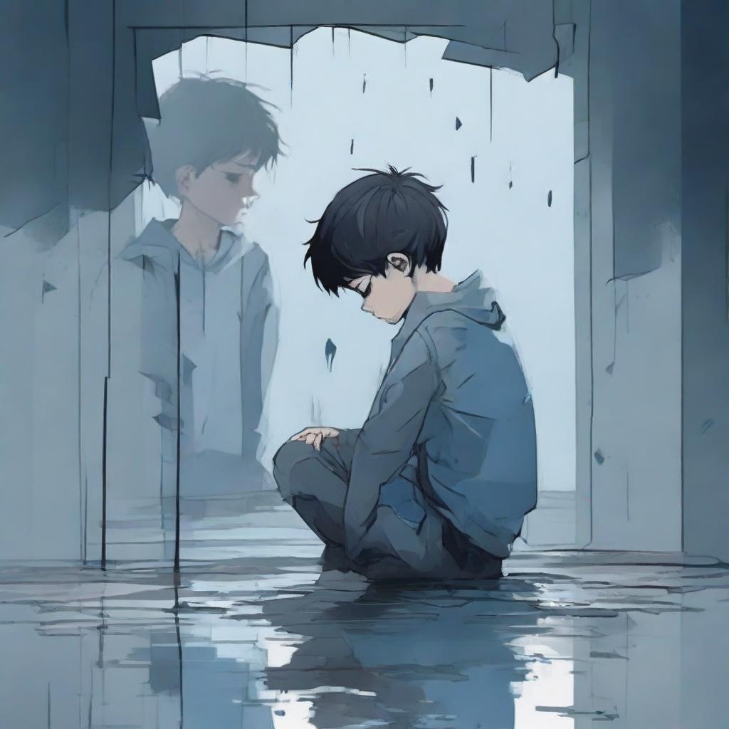 A depiction of a heartbroken boy, his reflection revealing a shattered heart within him. His surroundings are dominated by blues and greys, portraying a gloomy atmosphere.