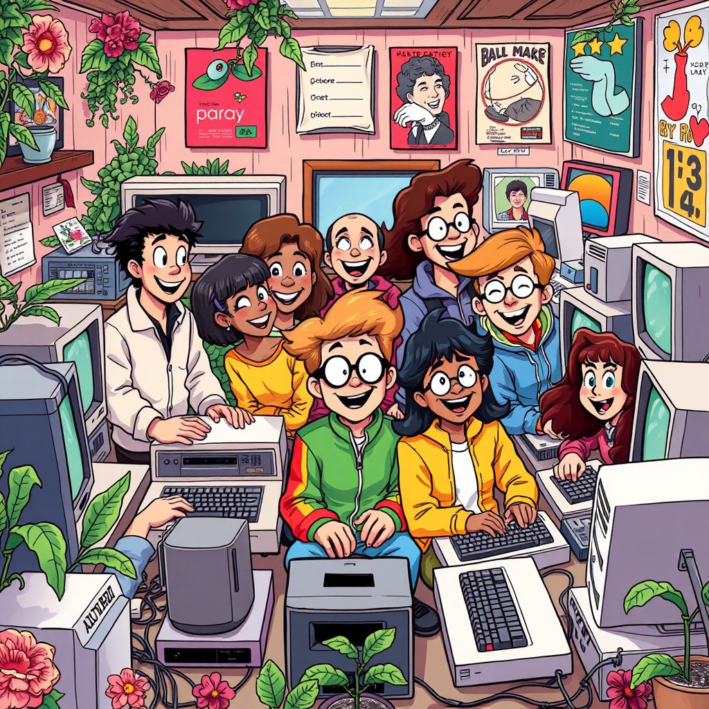 A vibrant and lively cartoon scene depicting a group of diverse people joyfully interacting with retro computers from the 1980s